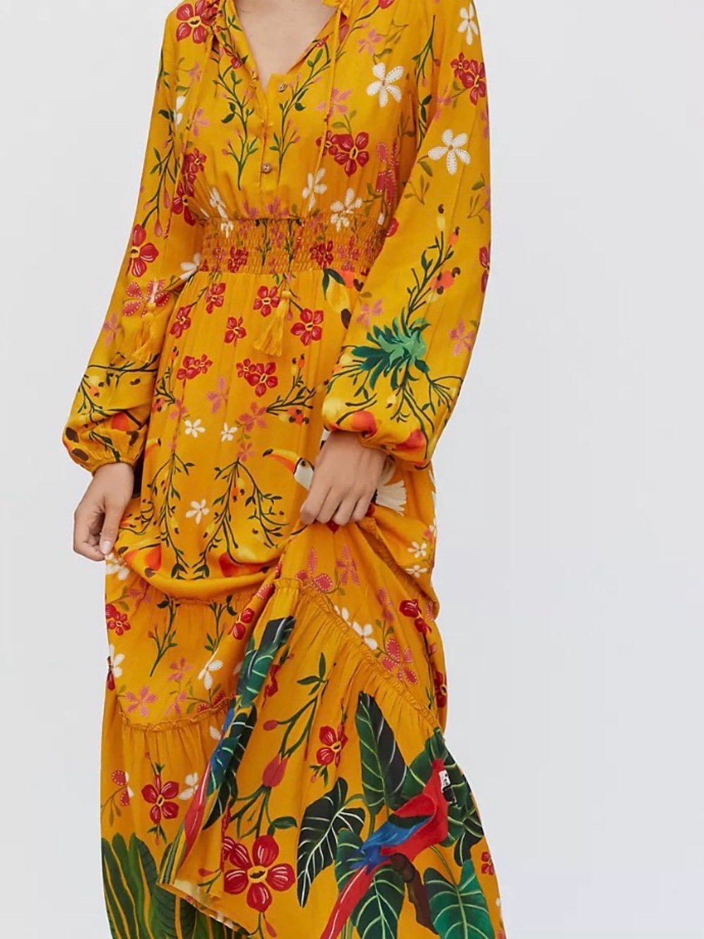 Mustard Floral Maxi Dress with Smocked Waist